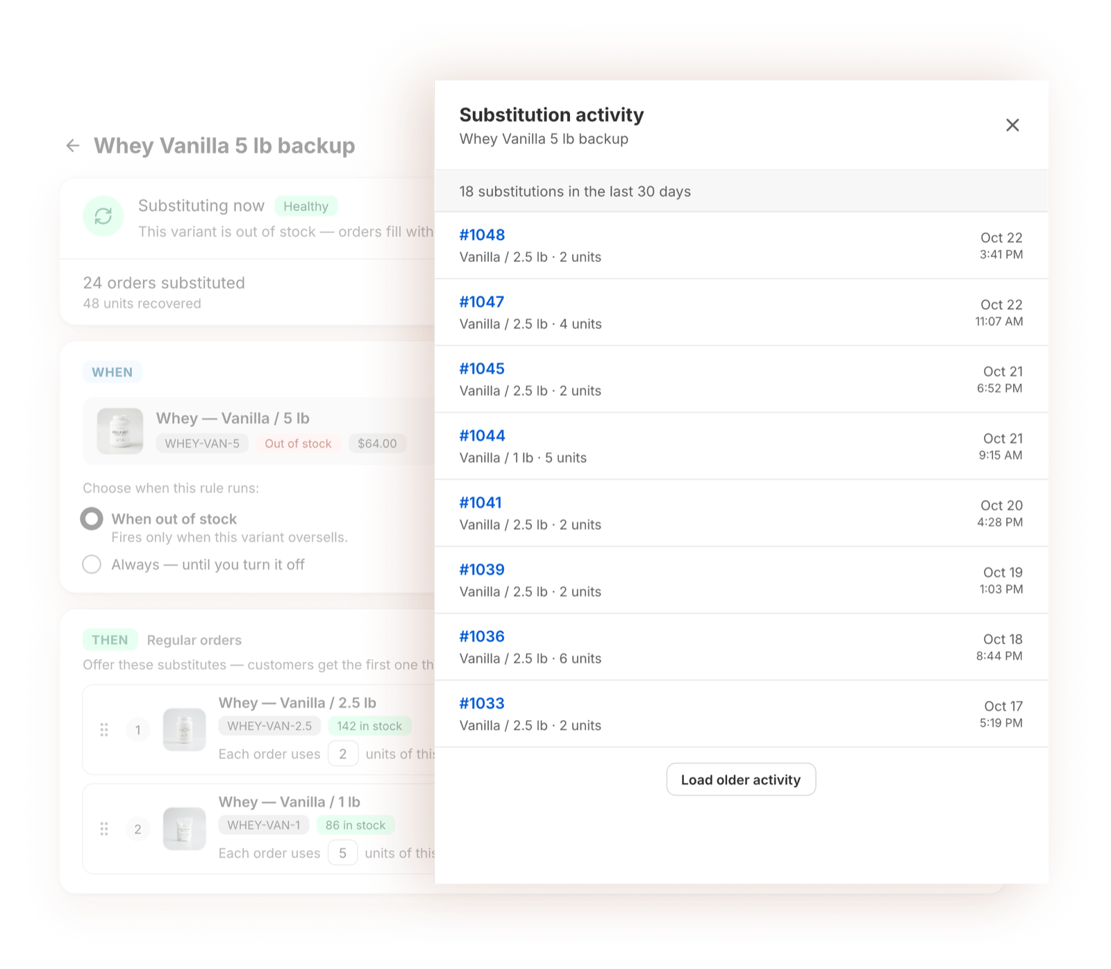 Activity log of orders that shipped a backup